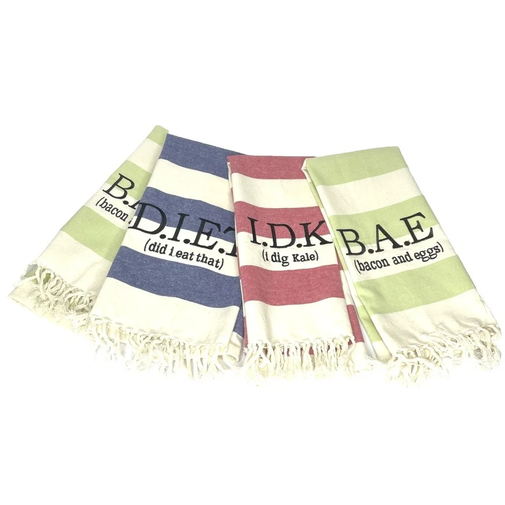 Ole Mill‎ Striped 100% Cotton Kitchen Towels Set of 4 Embroidered Fringe Beachy